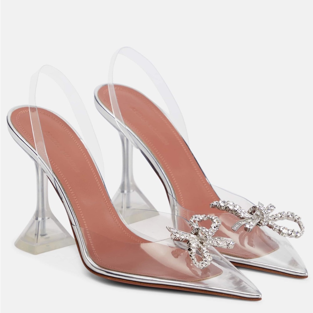 Amina Muaddi Rosie See Through Clear Slingback Embellished Bow Pumps size 40
